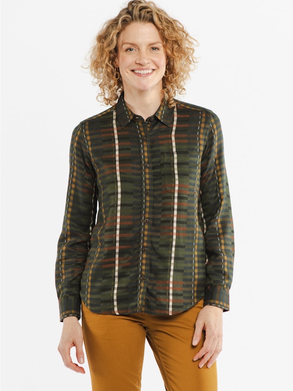 Bridge & Burn Women’s The Ash Slim Shirt Olive Green Stripe Button-Down | Size L